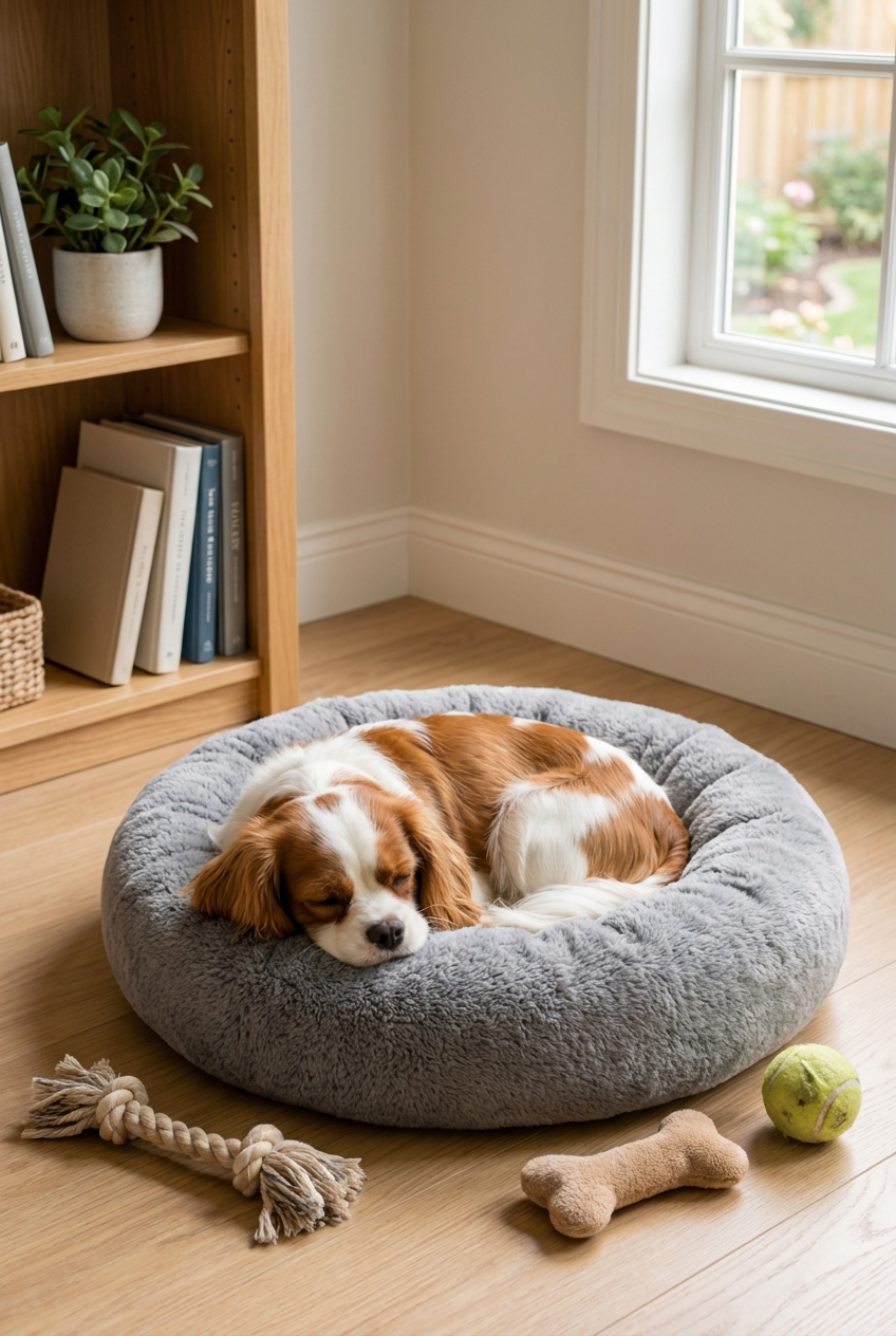 A photograph of a small dog lying in a dog bed with a few toys nearby in a quiet room