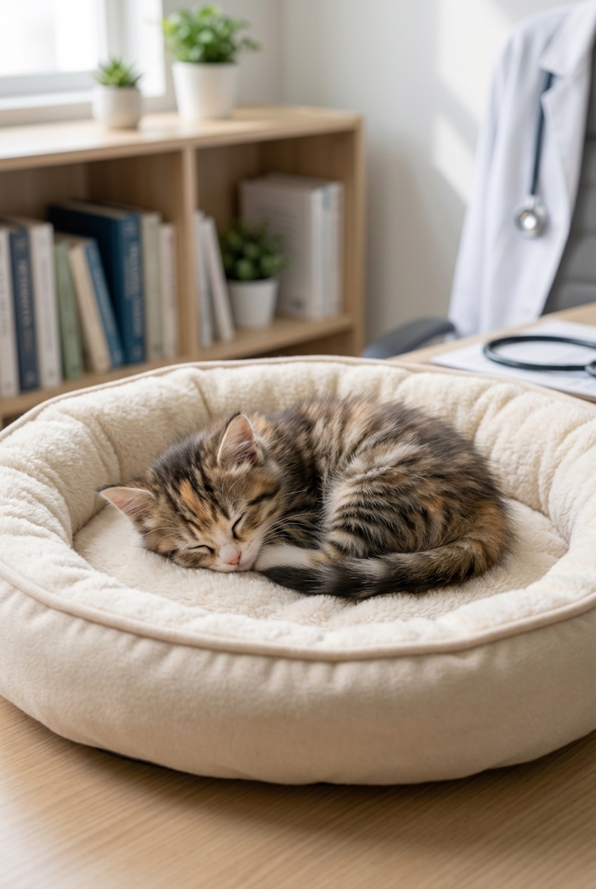 A photograph of a small kitten sleeping in a curled position on a cozy pet bed