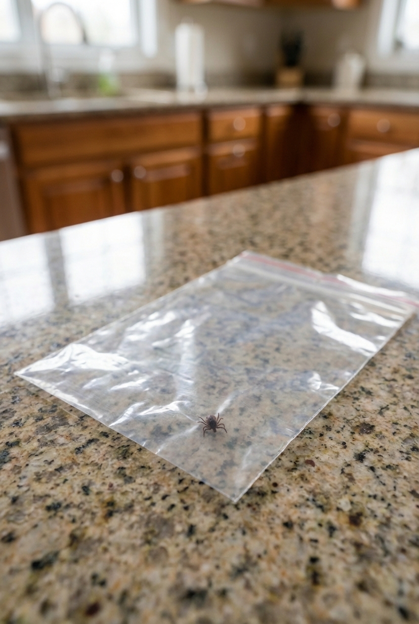 A photograph of a small tick sealed in a clear plastic bag on a kitchen counter