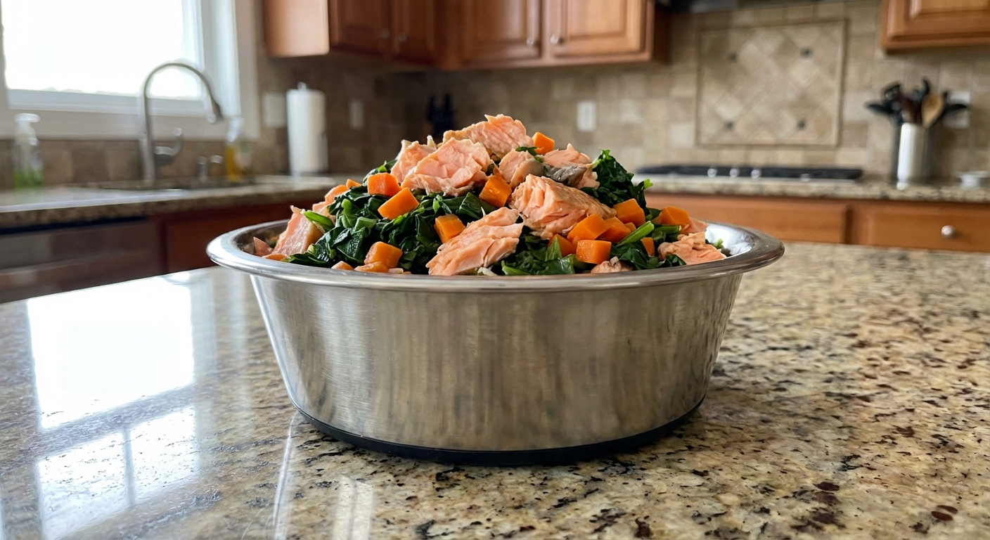 A photograph of a stainless steel dog bowl filled with cooked salmon, chopped steamed greens, and diced carrots on a kitchen counter