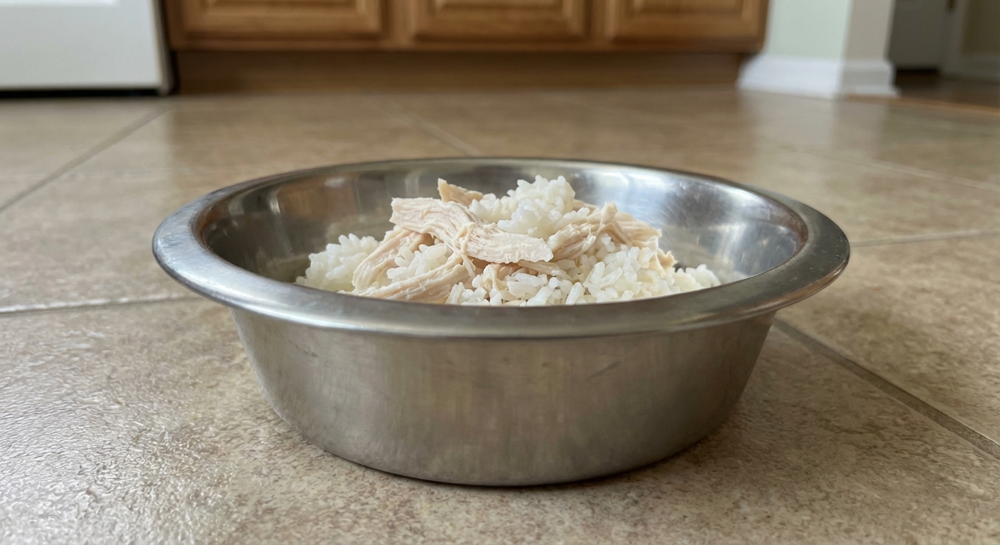 A photograph of a stainless steel dog bowl with a small portion of plain cooked chicken and white rice on a kitchen floor