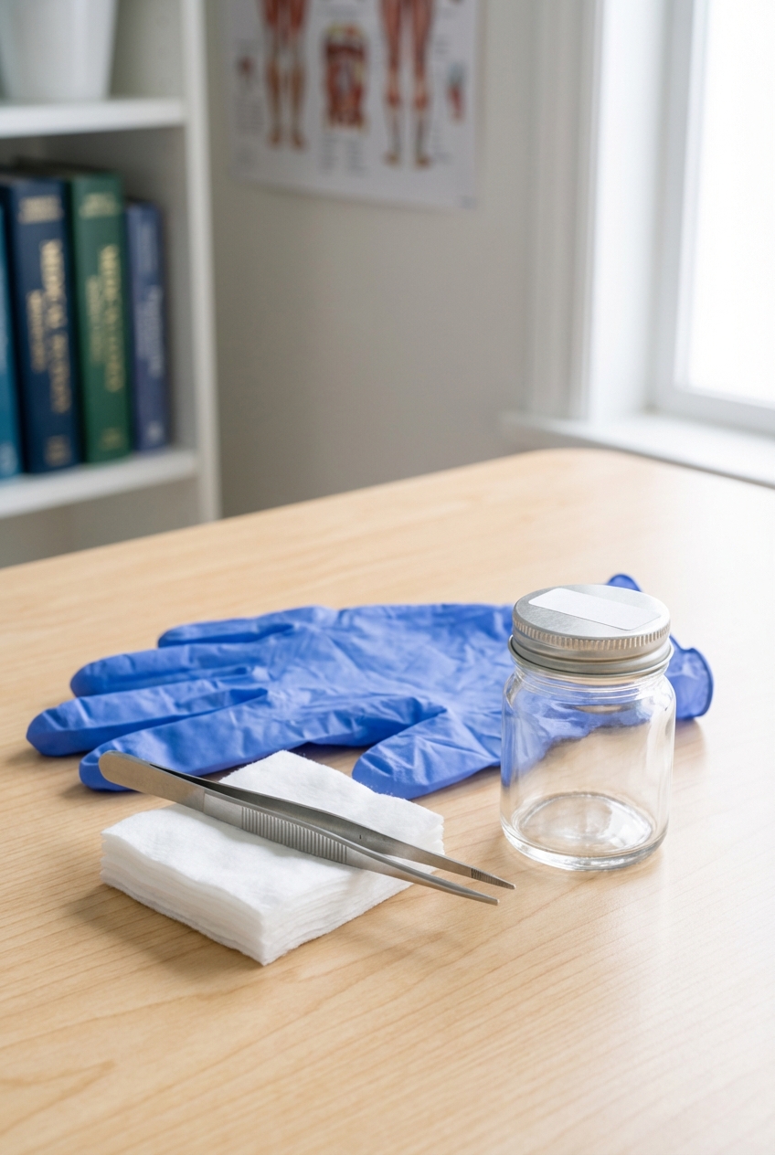 A photograph of a tick-removal setup on a table with fine-tipped tweezers, gloves, cotton pads, and a small sealed jar