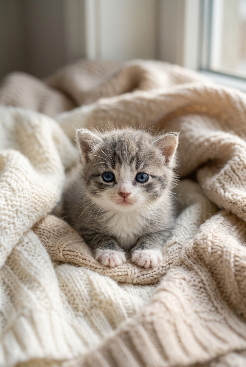 A photograph of a two-week-old kitten with newly opened blue eyes sitting in a shallow nest of blankets
