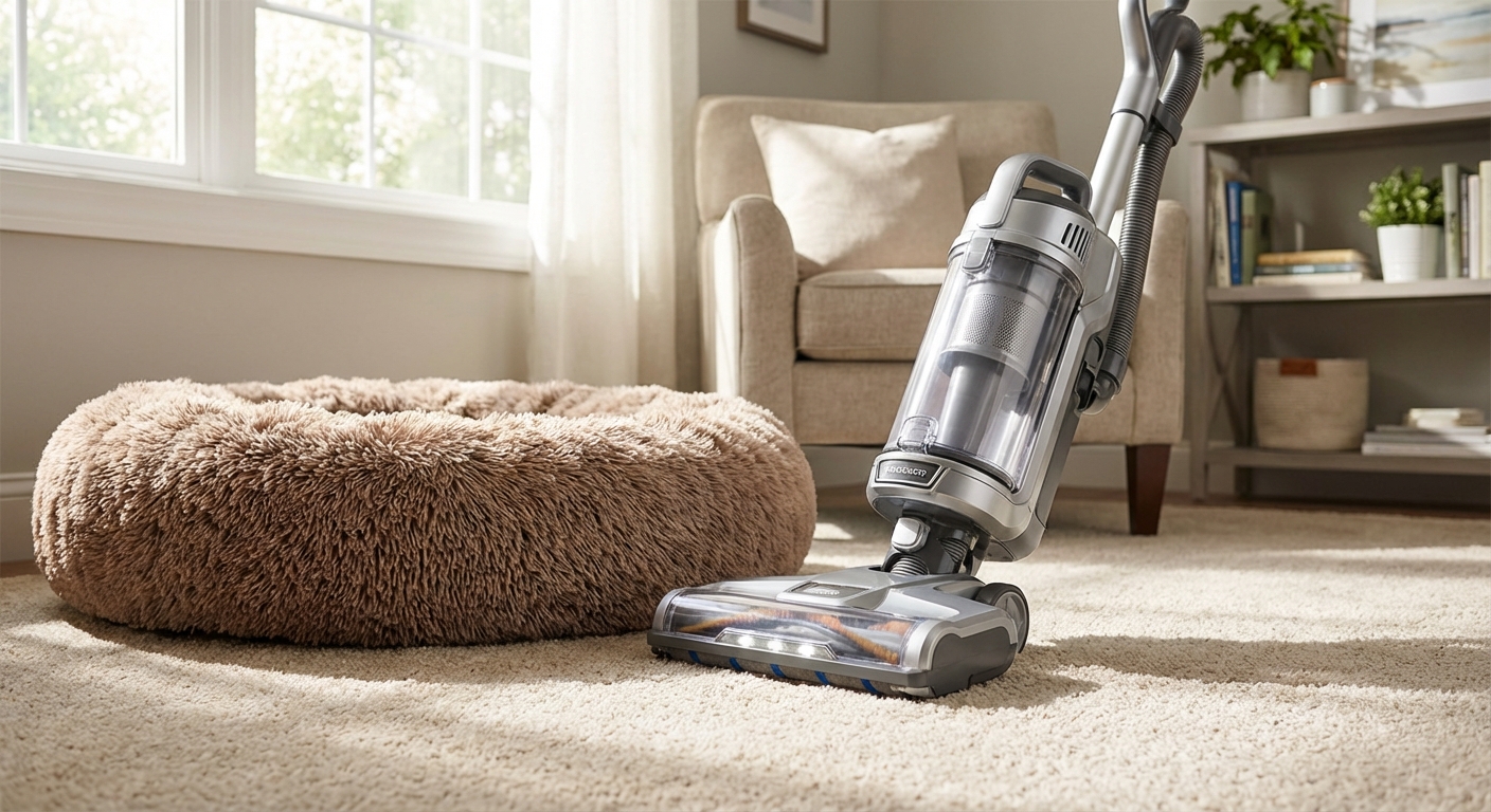 A photograph of a vacuum cleaner being used on a carpet near a dog bed in a bright living room