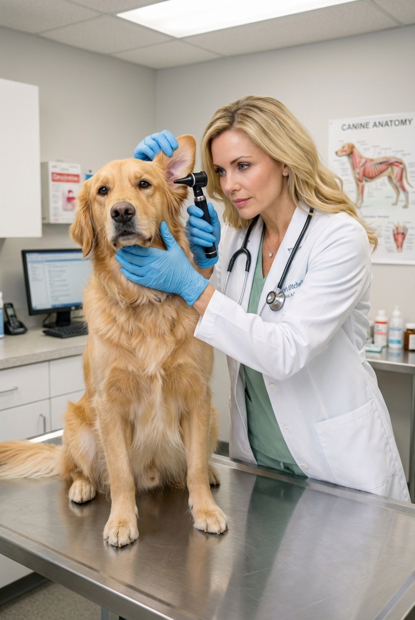 A photograph of a veterinarian examining a dog’s ear with an otoscope in a clinic