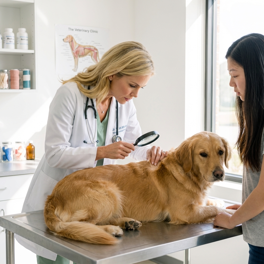 A photograph of a veterinarian examining a dog’s skin on an exam table in a bright clinic room