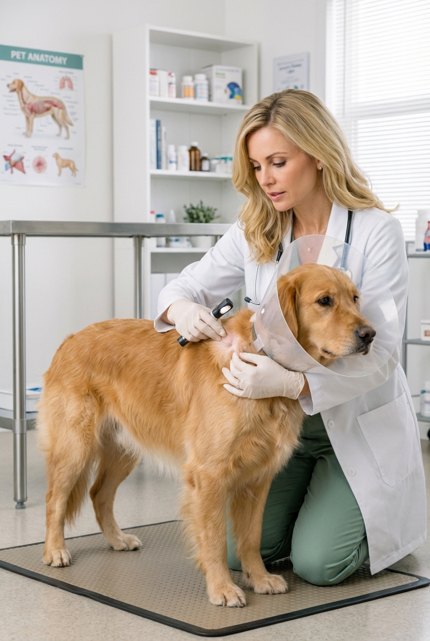 A photograph of a veterinarian examining a dog’s skin while the dog wears an Elizabethan collar