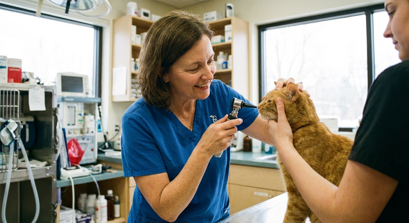 A photograph of a veterinarian gently examining a cat's face and nose in a clinic exam room