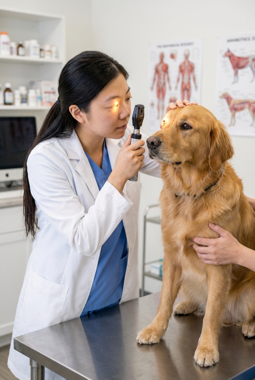 A photograph of a veterinarian gently examining a dog’s eye with an exam light in a clinic setting
