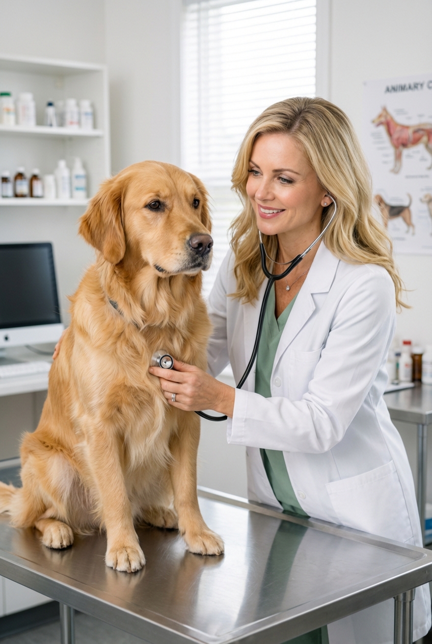 A photograph of a veterinarian gently examining a dog on an exam table in a clinic