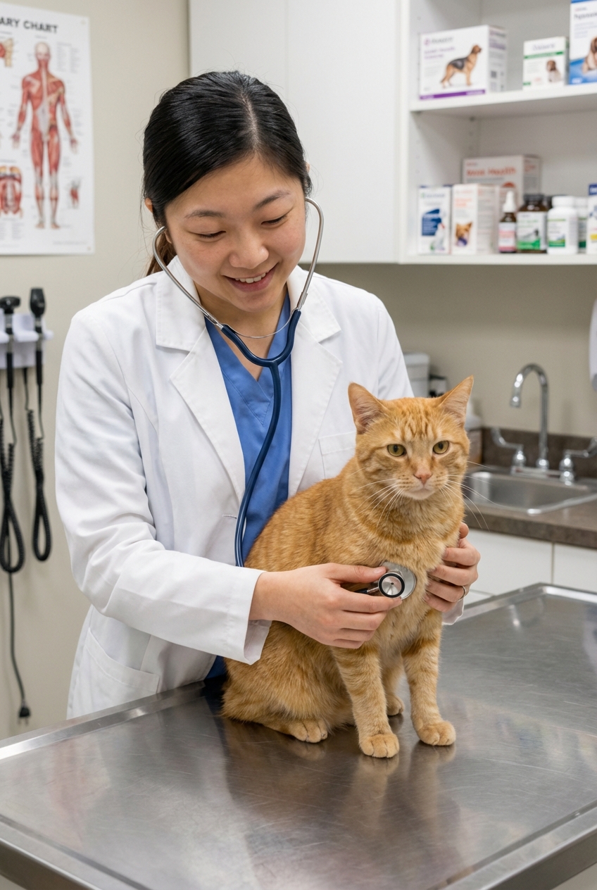 A photograph of a veterinarian gently examining a calm adult cat on an exam table in a clinic
