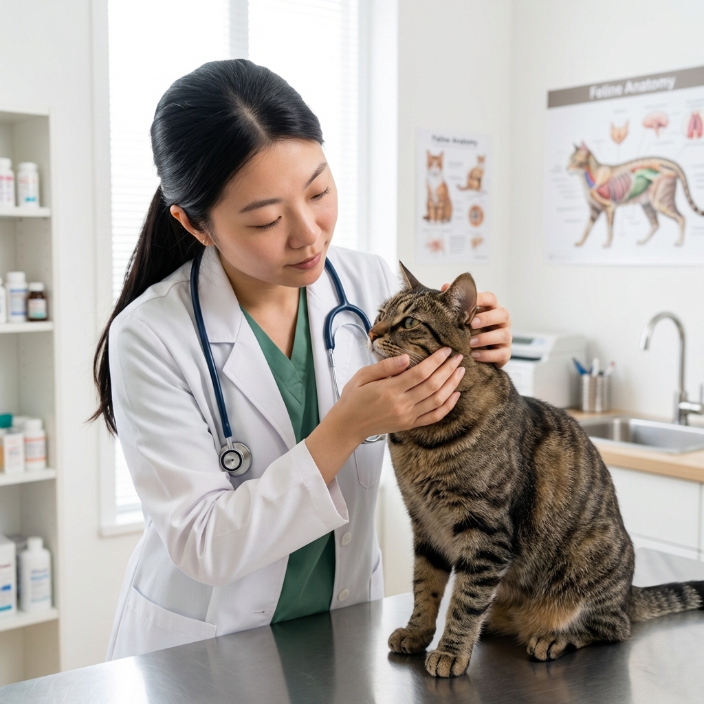 A photograph of a veterinarian gently examining a cat’s face and nose in a bright exam room