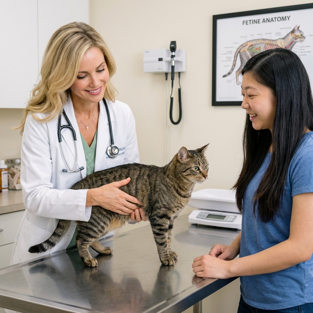 A photograph of a veterinarian gently examining a cat on an exam table while the owner stands nearby