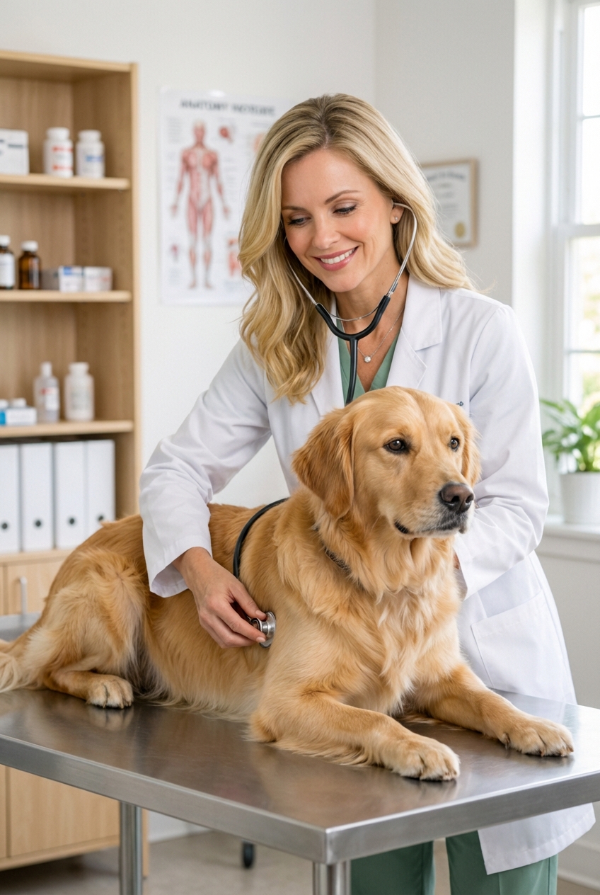 A photograph of a veterinarian gently examining an adult female dog on an exam table in a clinic room