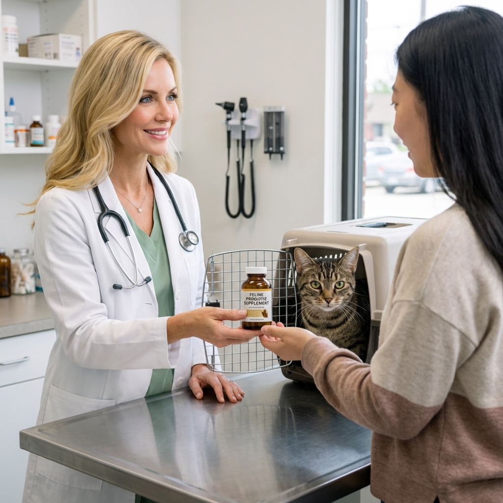 A photograph of a veterinarian handing a small bottle of feline probiotic supplement to a cat owner in a clinic exam room