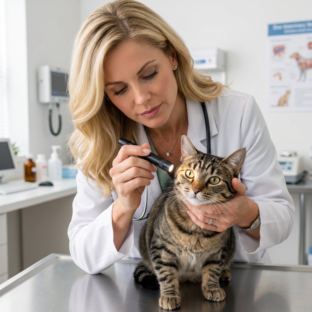 A photograph of a veterinarian holding a small flashlight while examining a cat’s eye in a clinic room