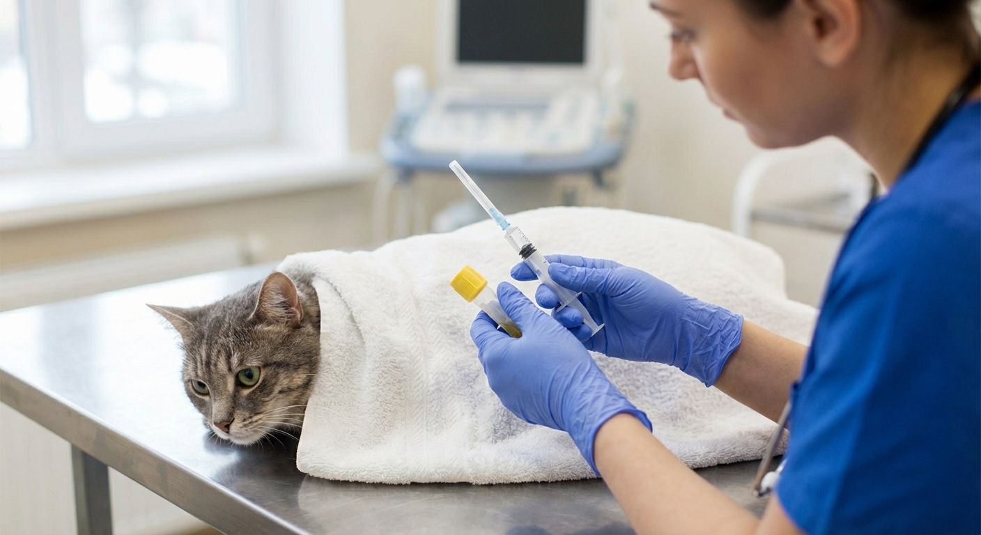 A photograph of a veterinarian holding a sterile syringe and a urine sample tube next to a calm cat wrapped in a towel