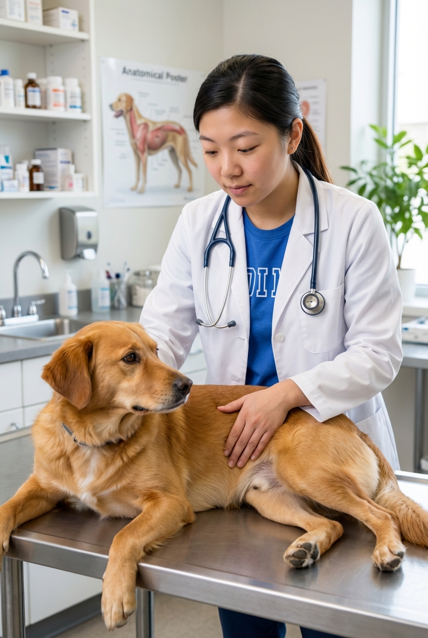 A photograph of a veterinarian in a clinic exam room gently checking a dog's abdomen on an exam table