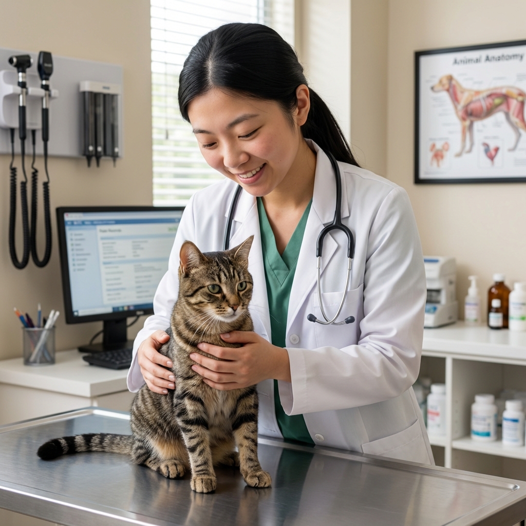 A photograph of a veterinarian in a clinic exam room gently holding a calm cat on an exam table