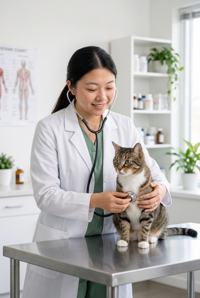 A photograph of a veterinarian listening to a cat’s chest with a stethoscope in a brightly lit exam room