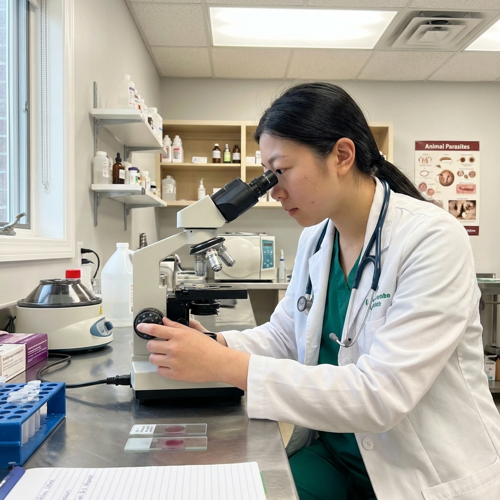 A photograph of a veterinarian looking into a microscope in a clinic setting