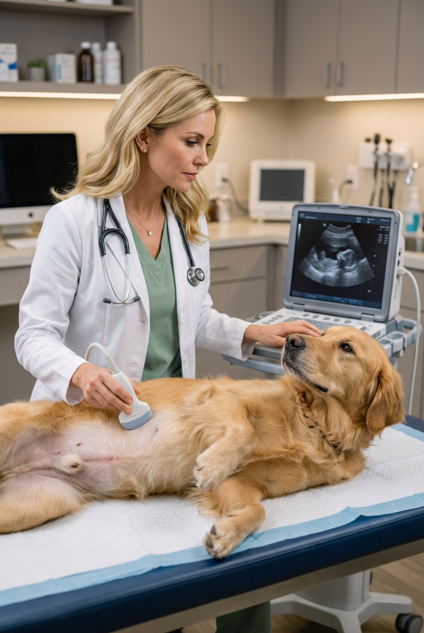 A photograph of a veterinarian performing an abdominal ultrasound on a calm dog lying on a padded table