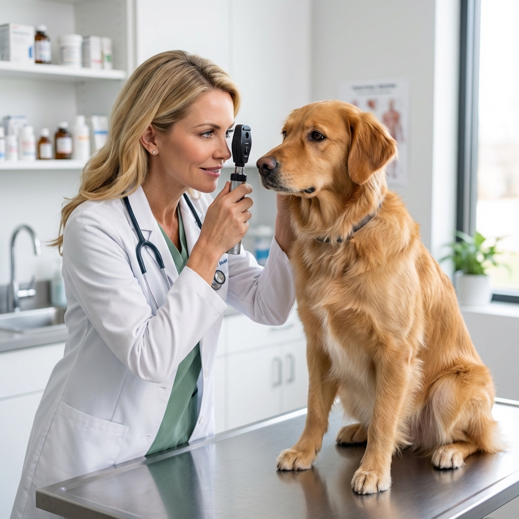 A photograph of a veterinarian performing an eye exam on a medium-sized dog in a clinic room