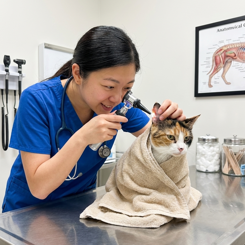 A photograph of a veterinarian using an otoscope to examine a cat's ear while the cat is calmly wrapped in a towel on an exam table, bright clinic lighting, realistic veterinary photography