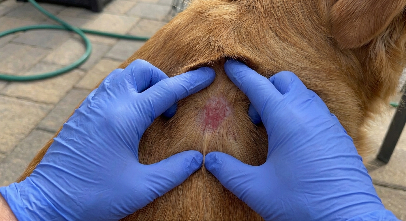 A photograph of a veterinarian wearing gloves gently parting a dog’s fur to examine a small skin lesion