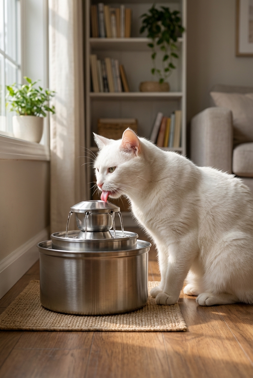 A photograph of a white cat drinking from a stainless steel pet water fountain in a living room