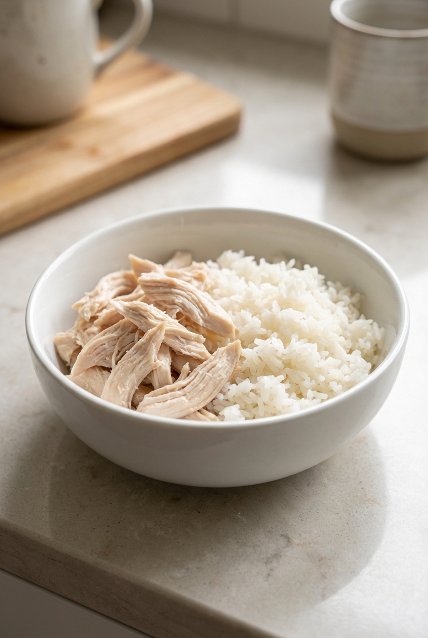A photograph of a white ceramic bowl holding plain boiled chicken and white rice on a kitchen counter