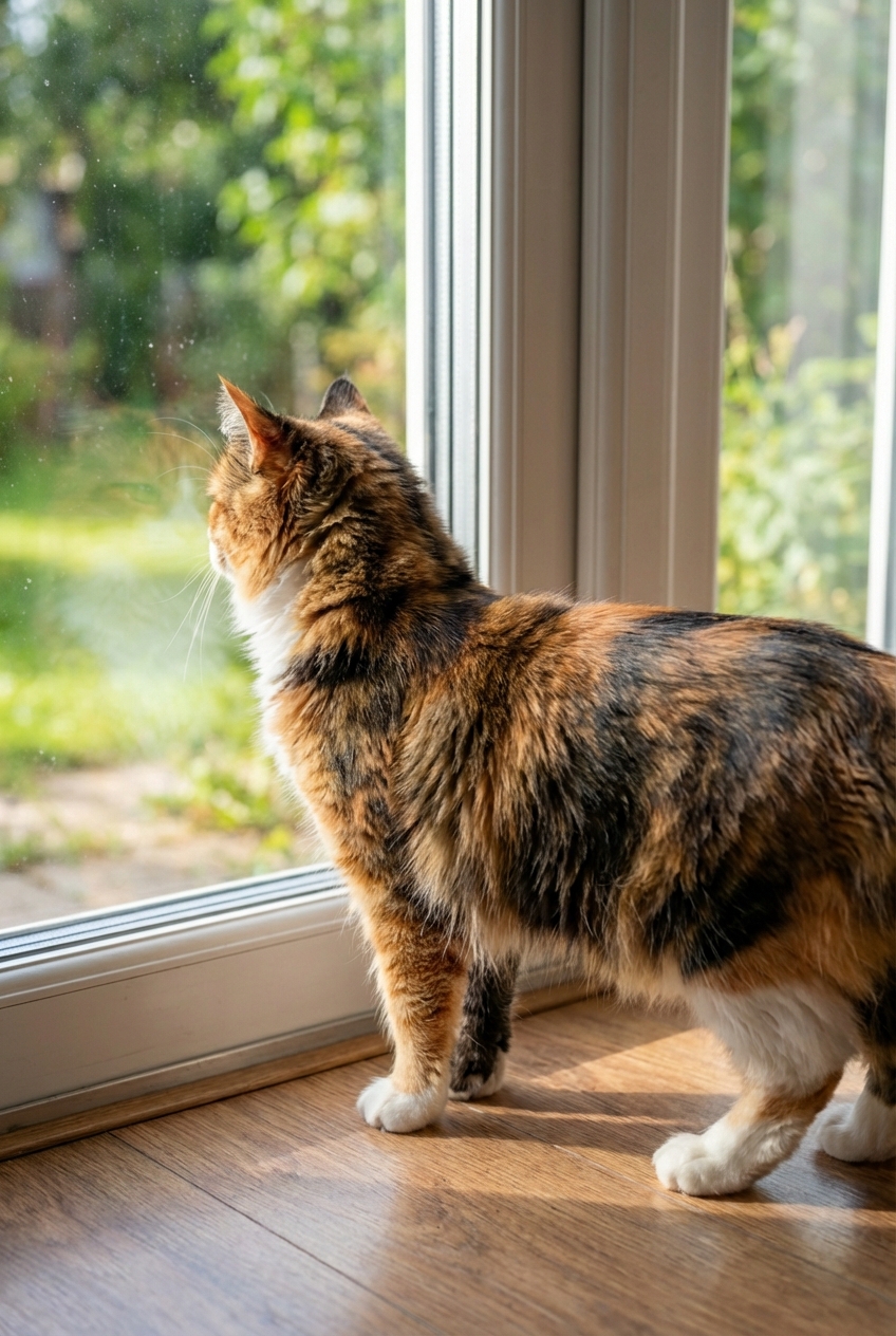 A photograph of a young adult cat standing near a glass door looking outside