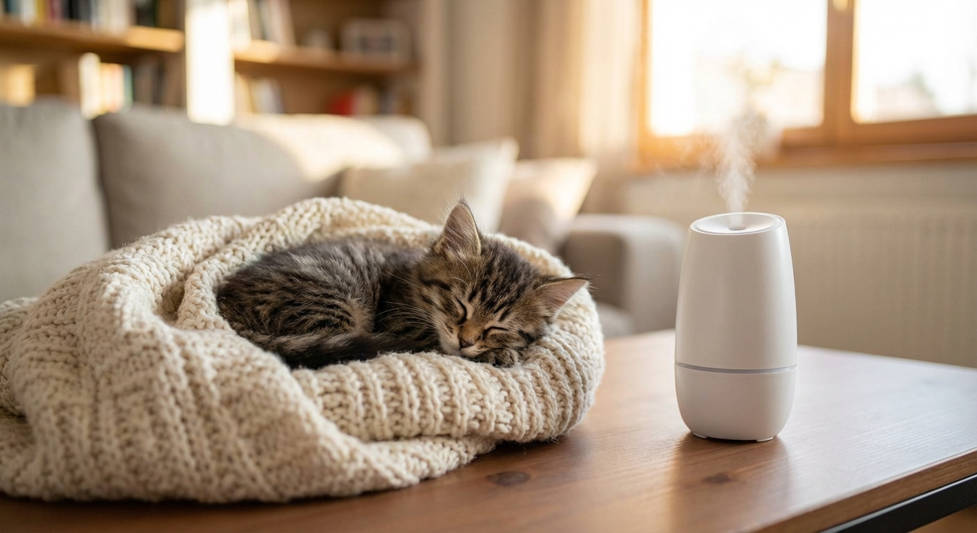 A photograph of a young kitten resting in a cozy blanket near a small humidifier in a living room