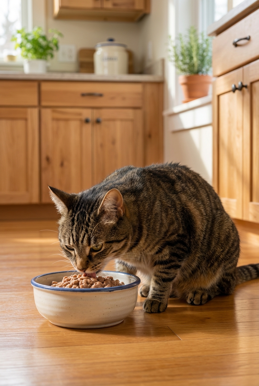 A photograph of an adult cat eating a small meal from a ceramic bowl in a calm home kitchen