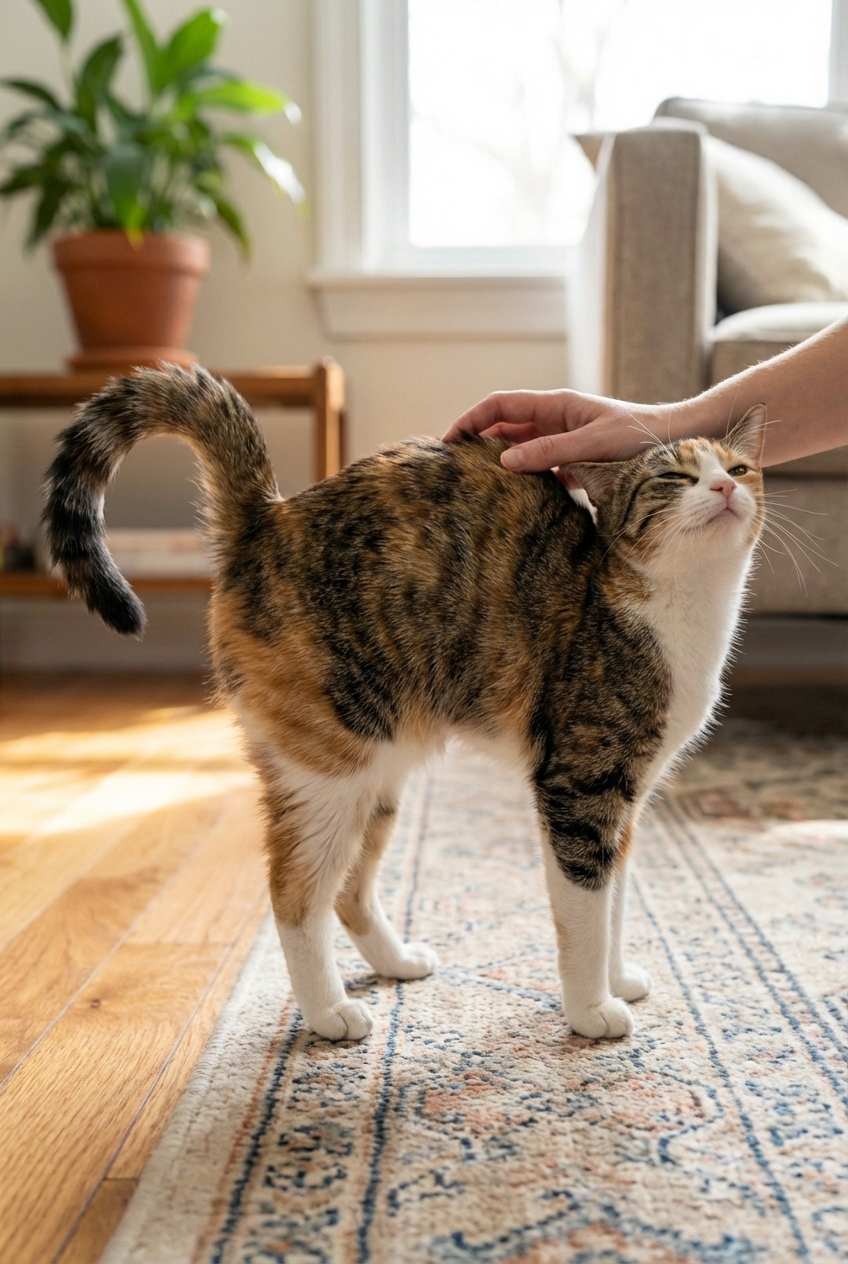 A photograph of an adult female cat on a carpet arching her back and holding her tail to the side while being gently petted