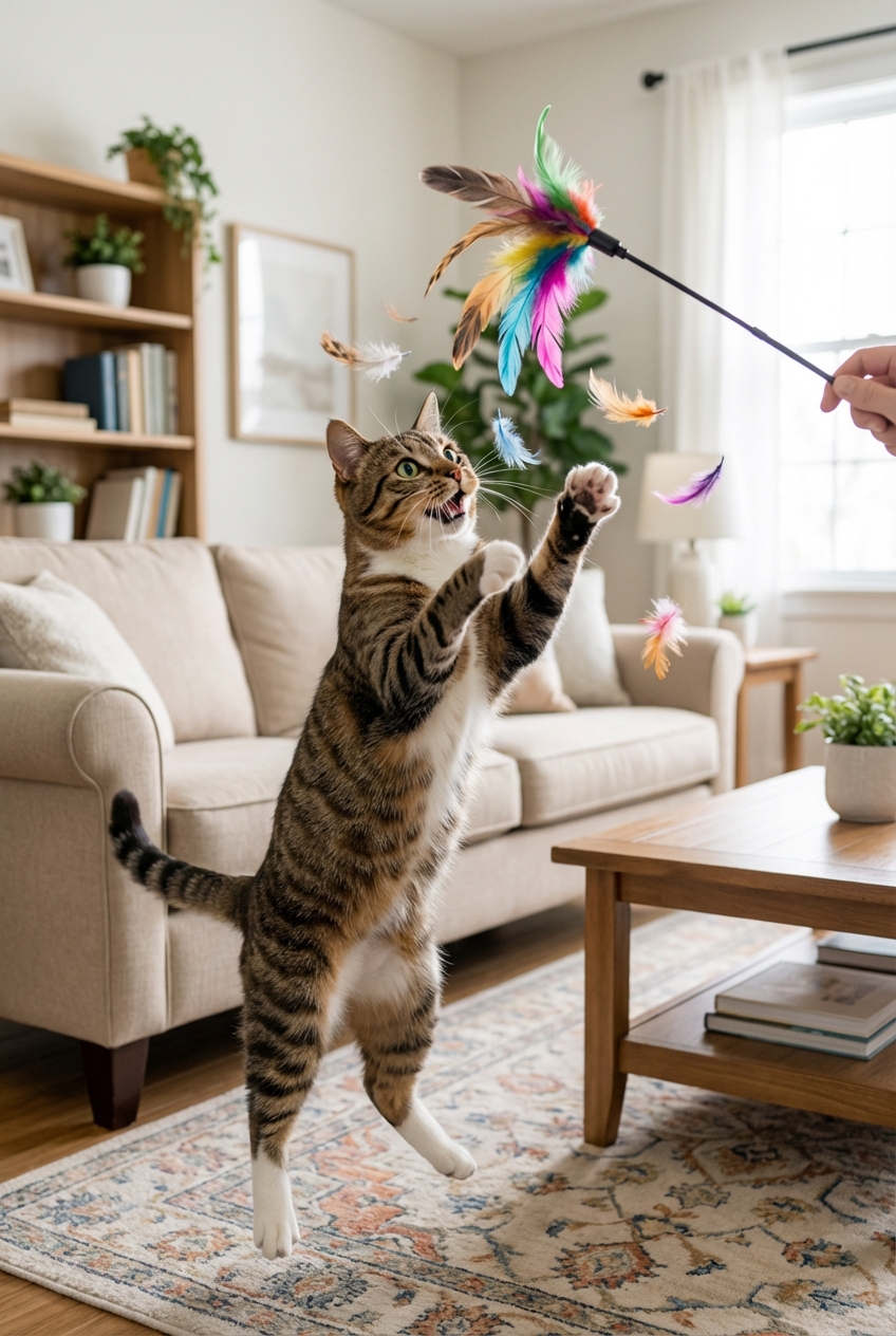 A photograph of an indoor cat playing with a feather wand toy in a living room