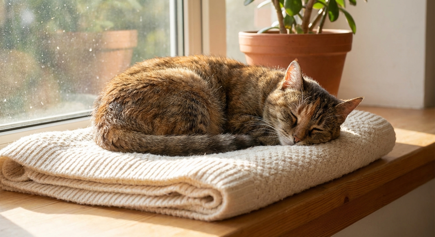 A photograph of an older tabby cat resting calmly on a soft blanket near a sunny window