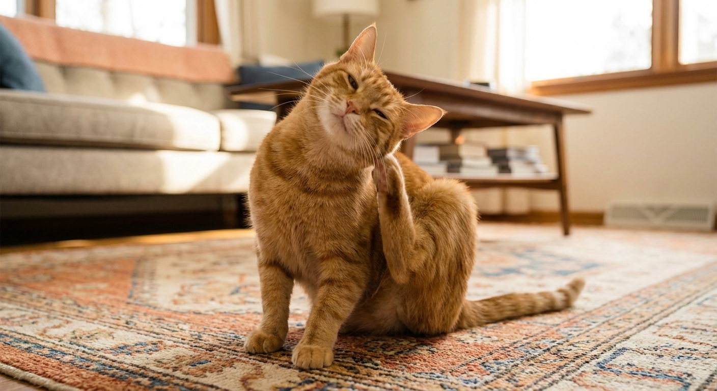 A photograph of an orange cat scratching its neck while sitting on a living room rug