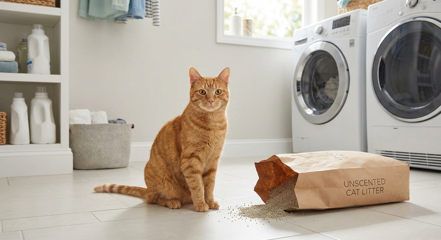 A photograph of an orange cat sitting beside an open bag of unscented cat litter on a clean laundry room floor