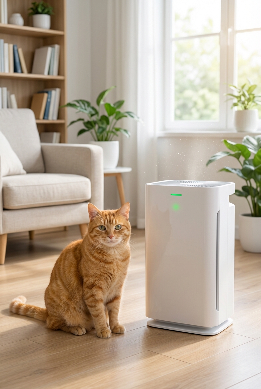 A photograph of an orange cat sitting calmly beside a HEPA air purifier in a tidy living room
