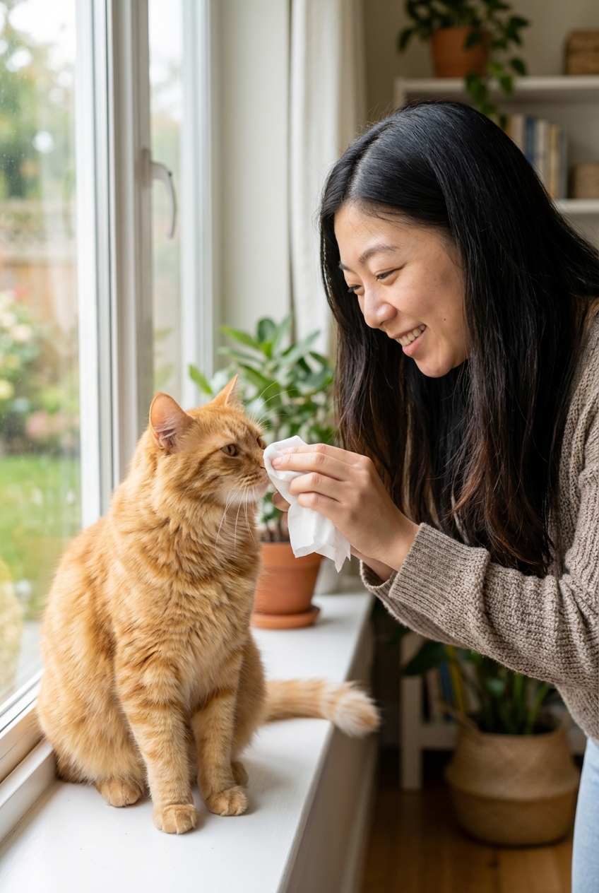 A photograph of an orange cat sitting near a window while a caregiver gently wipes the cat's nose with a soft tissue