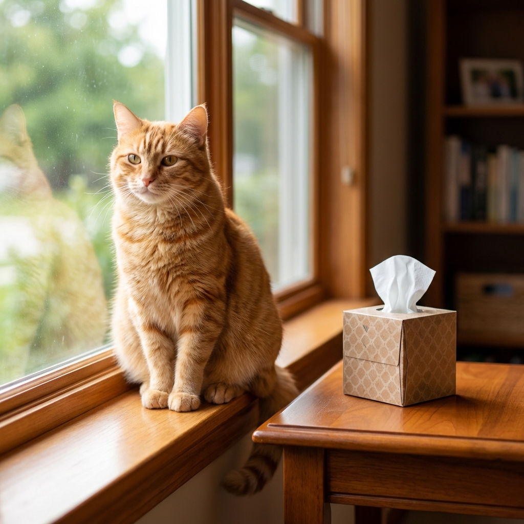 A photograph of an orange cat sitting near a window with a small tissue box on a nearby table