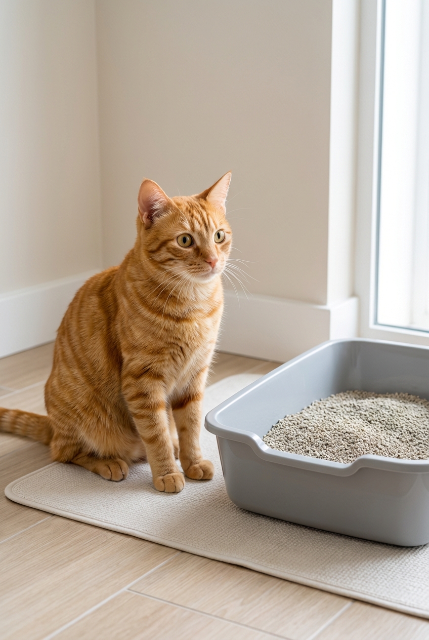 A photograph of an orange tabby cat sitting beside a clean litter box, looking alert