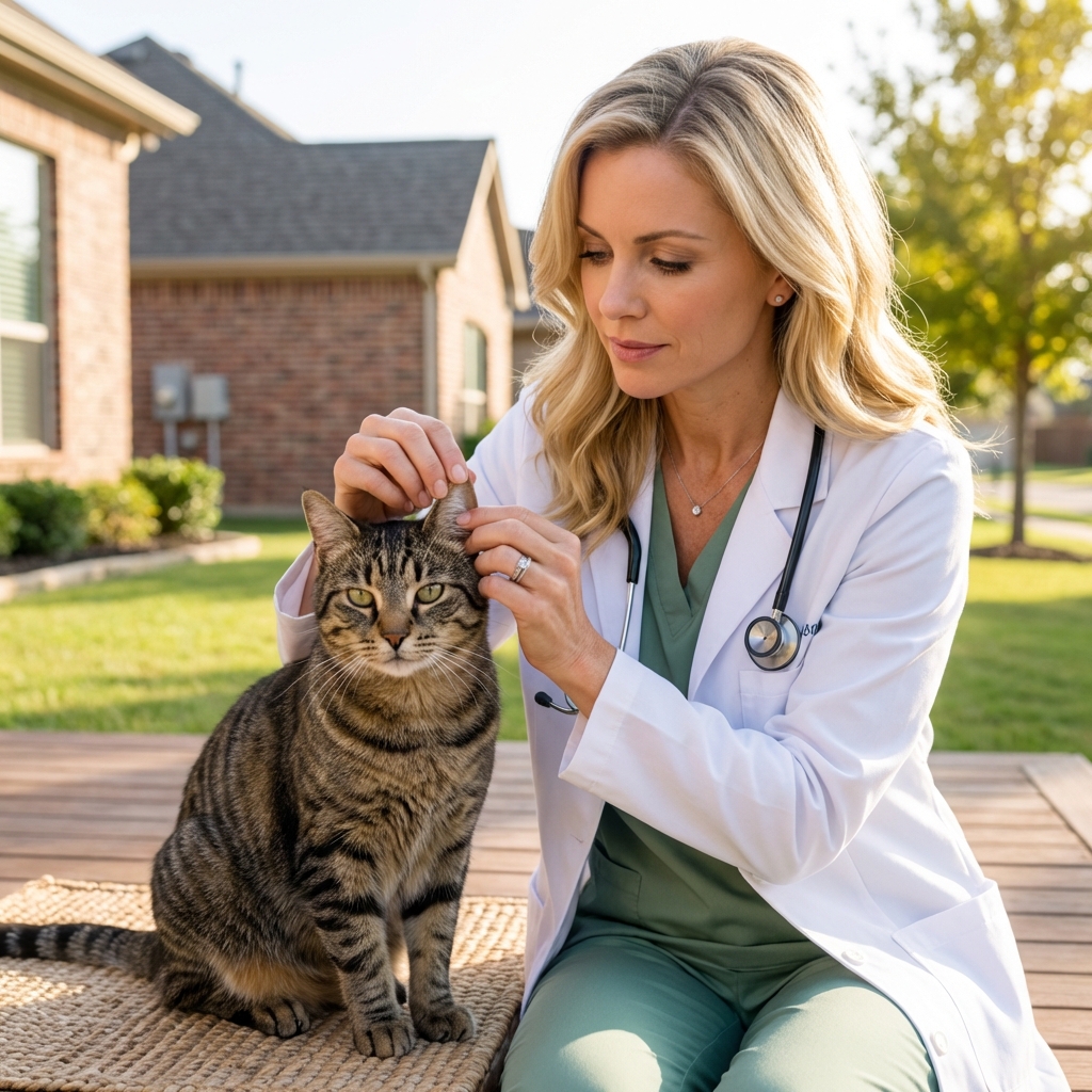 A photograph of an outdoor cat sitting on a patio while a person gently checks behind the cat’s ear with their fingers