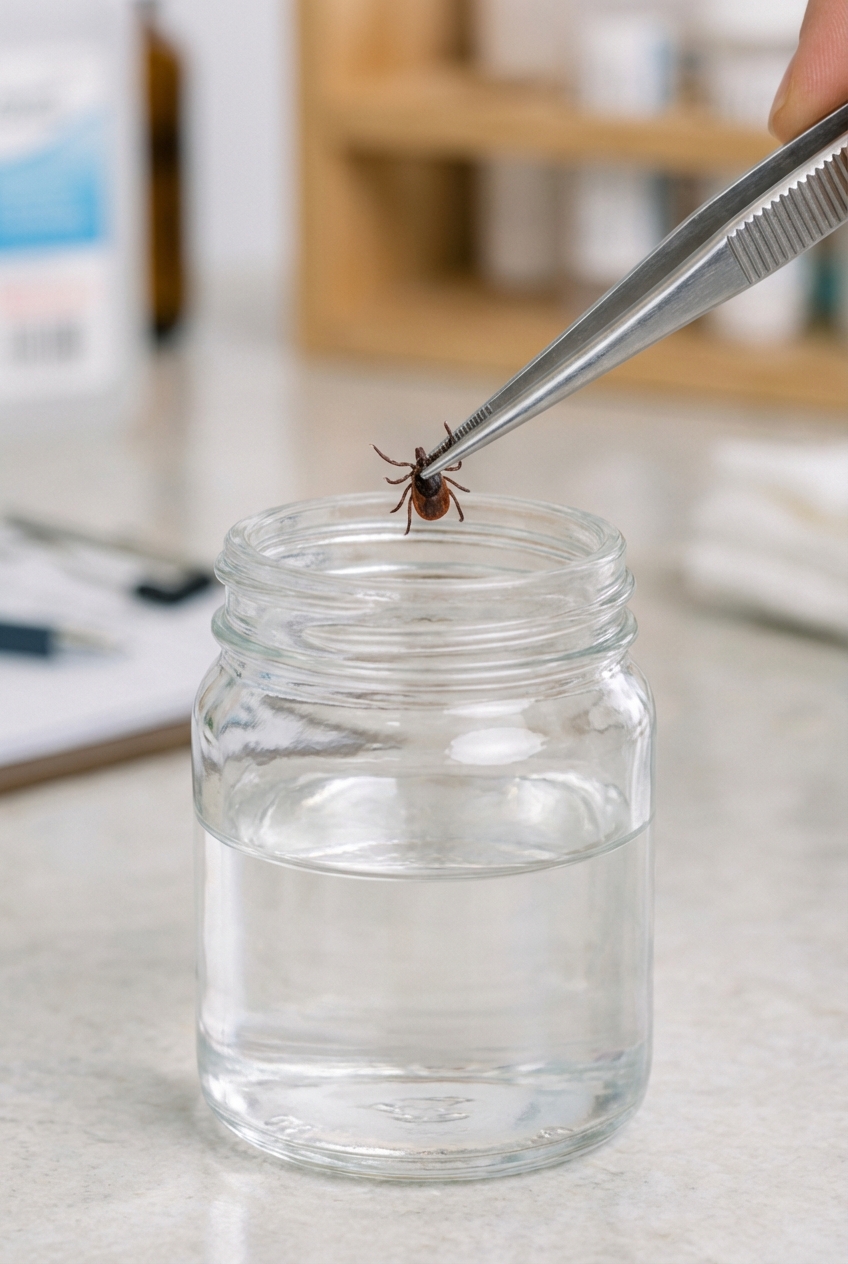 A photograph of fine-tipped tweezers holding a tick above a small glass jar containing rubbing alcohol