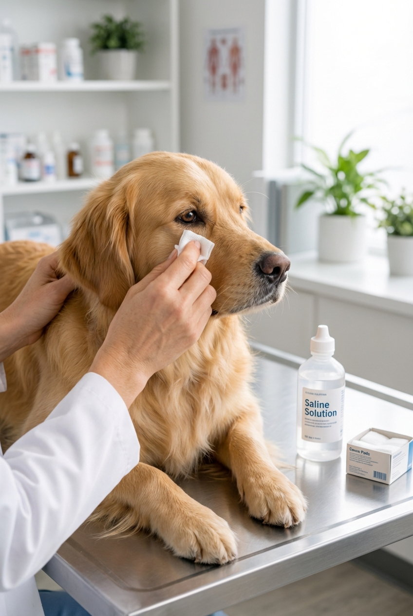 A photograph of hands gently wiping a dog’s eye with sterile gauze and a saline bottle nearby