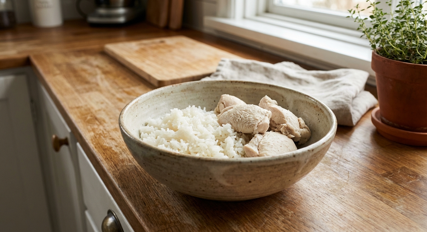 A photograph of plain cooked white rice and boiled chicken in a simple ceramic bowl on a kitchen counter