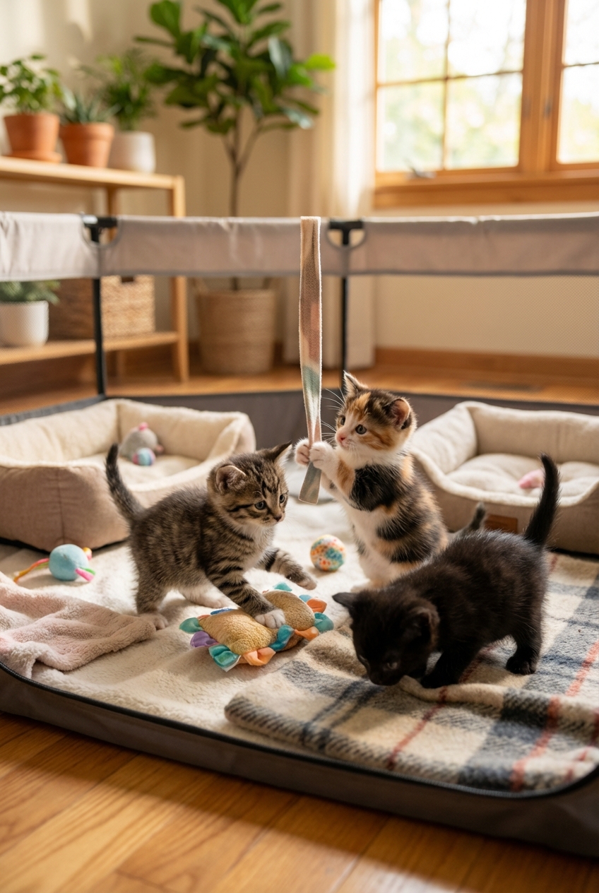 A photograph of several three-week-old kittens wobbling while exploring a small, safe play area