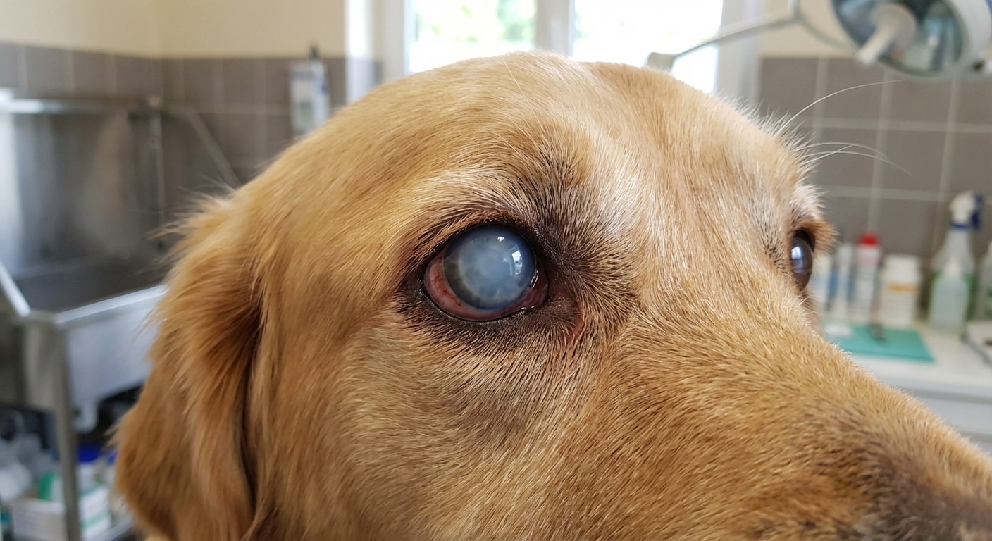 A photorealistic close-up of a dog’s face focusing on one eye with a noticeably cloudy, blue-gray cornea and mild redness at the whites of the eye, veterinary clinical setting, soft natural color