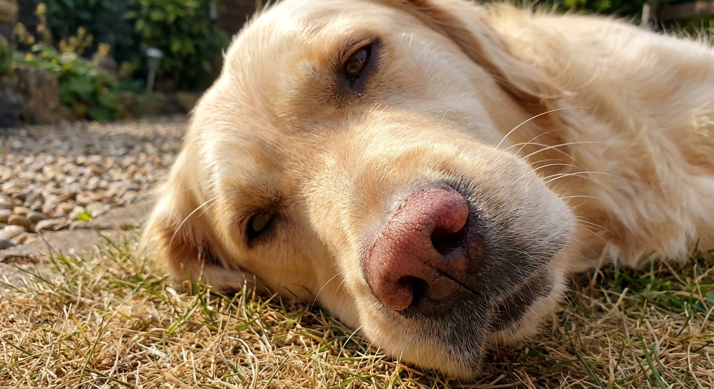 A photorealistic close-up of a light-colored dog resting outdoors in sunlight with a mildly reddened, dry-looking nose, natural candid photo style